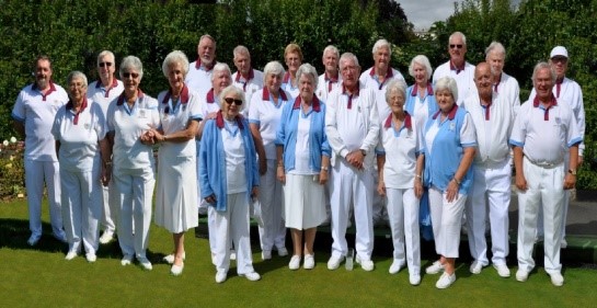 Members of the Pangbourne Bowls Club in club uniform 