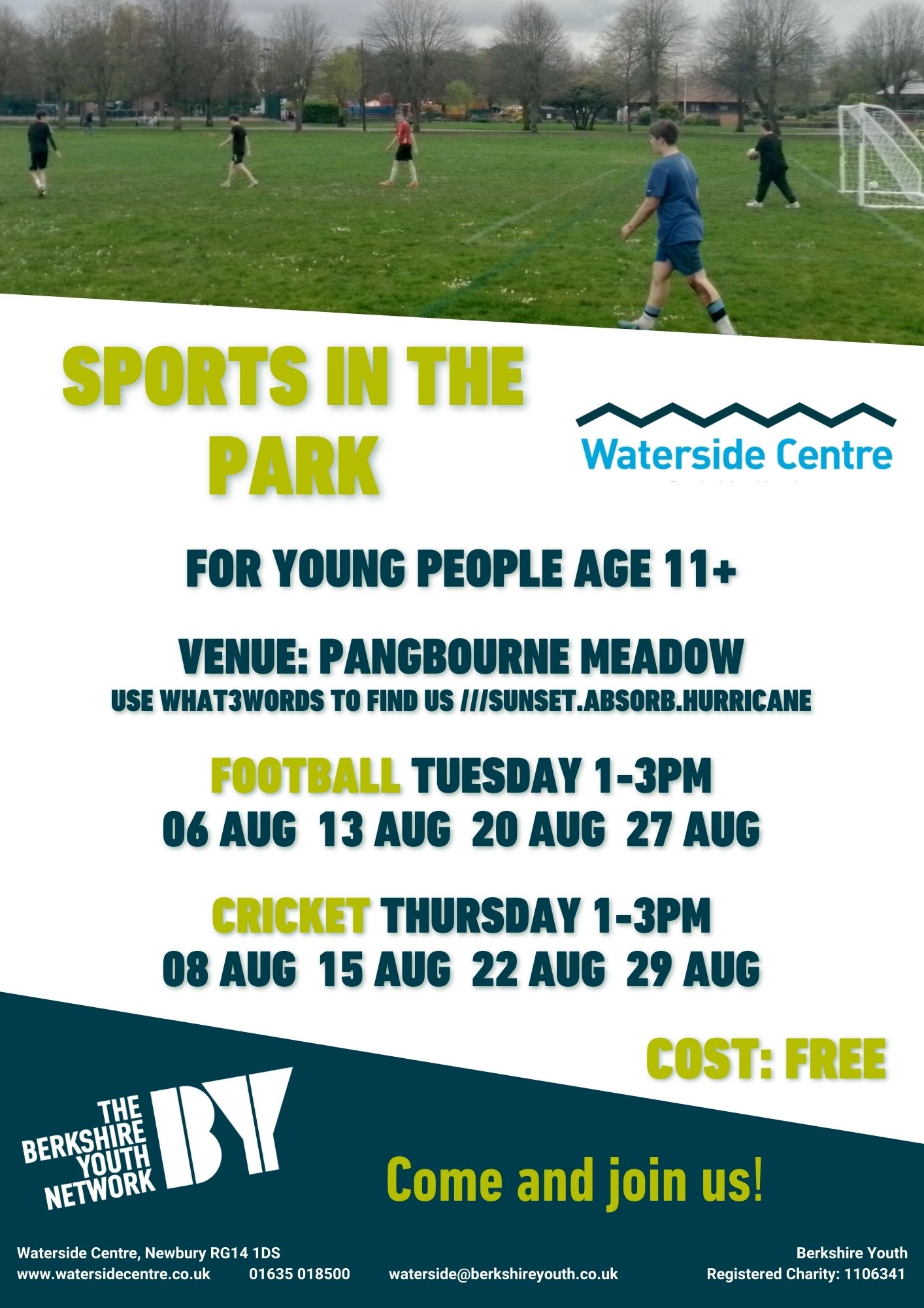 Free sports sessions for ages 11+ at Pangbourne Meadows. Football 1-3pm on 6, 13, 20, 27 August; Cricket 1-3pm on 8, 15, 22, 29 August.