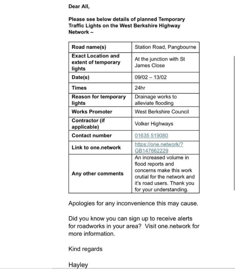 Roadworks 9-13 Feb 2026