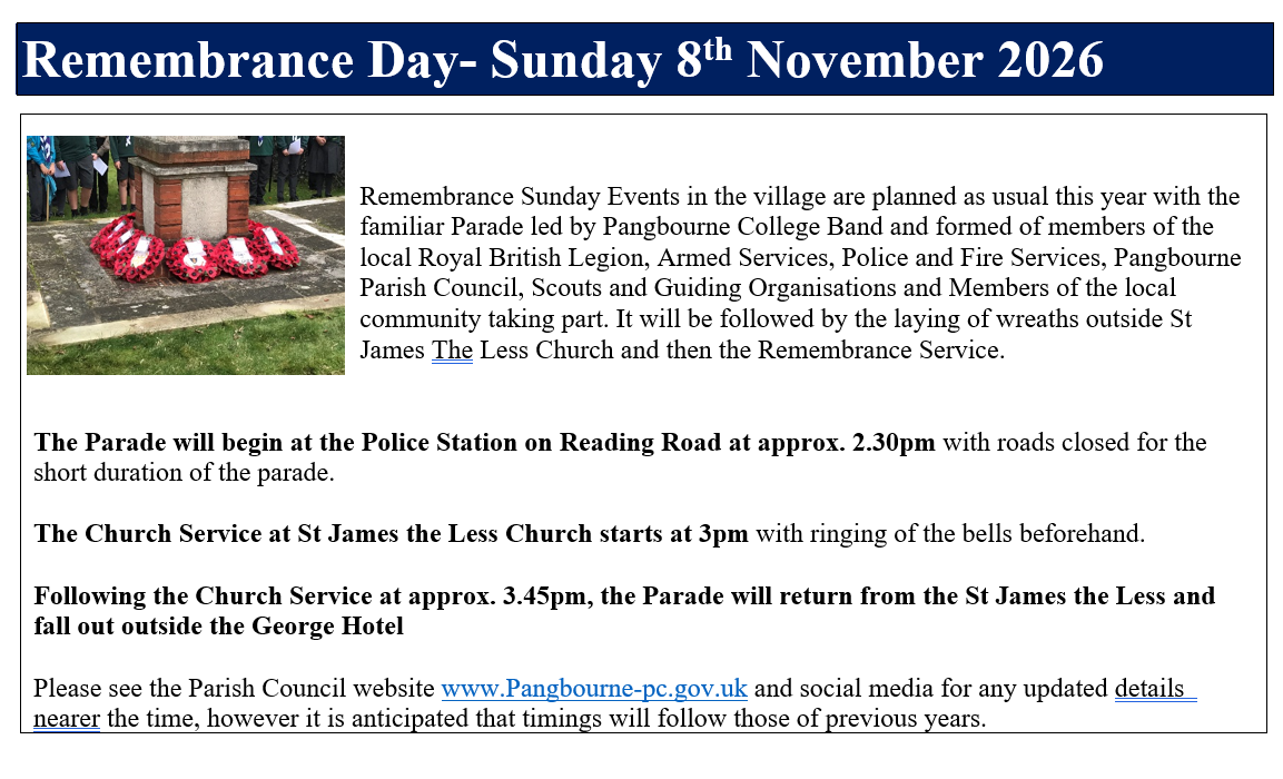 Remembrance Day Parade Sunday November 8th 2026